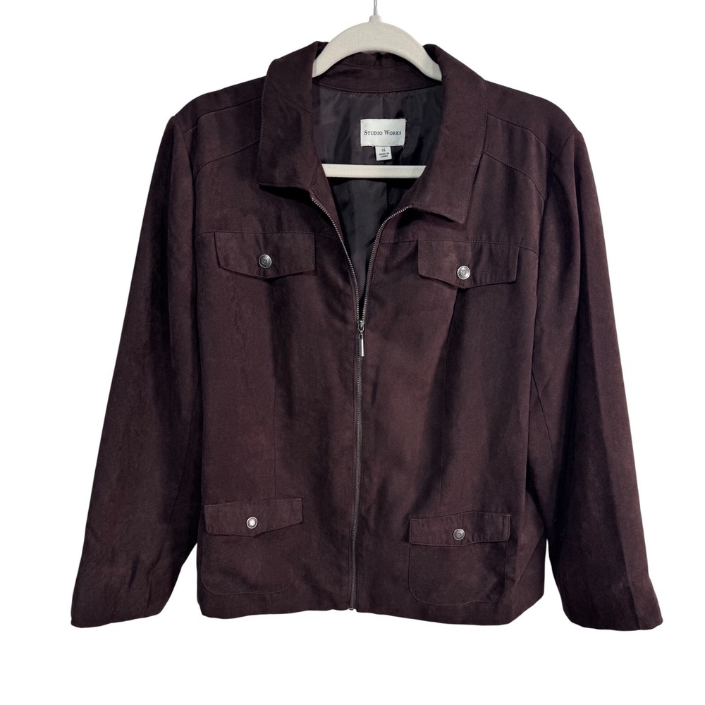 Studio Works Brown Faux Suede Zip Up Jacket Cropped Minimalist Boho Women's 14